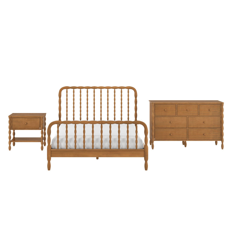 Solid wood spindle bed frame with white mattress, matching wooden nightstand and six-drawer dresser in natural oak finish — rustic farmhouse bedroom furniture set