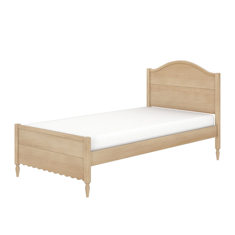 Twin wooden bed frame in light oak finish with arched headboard, scalloped footboard and turned legs, shown with white mattress