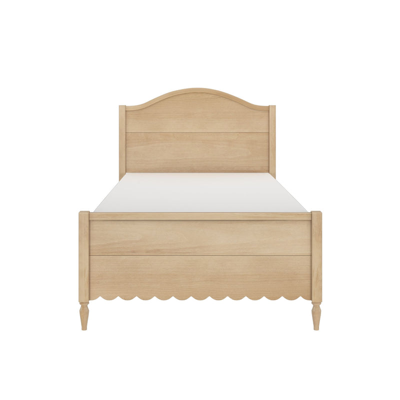 Twin wooden bed frame in natural light wood finish with curved headboard, scalloped footboard and turned legs