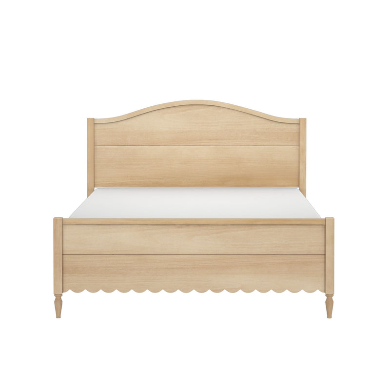 Light natural wood bed frame with arched headboard, scalloped footboard and turned legs, farmhouse bedroom furniture