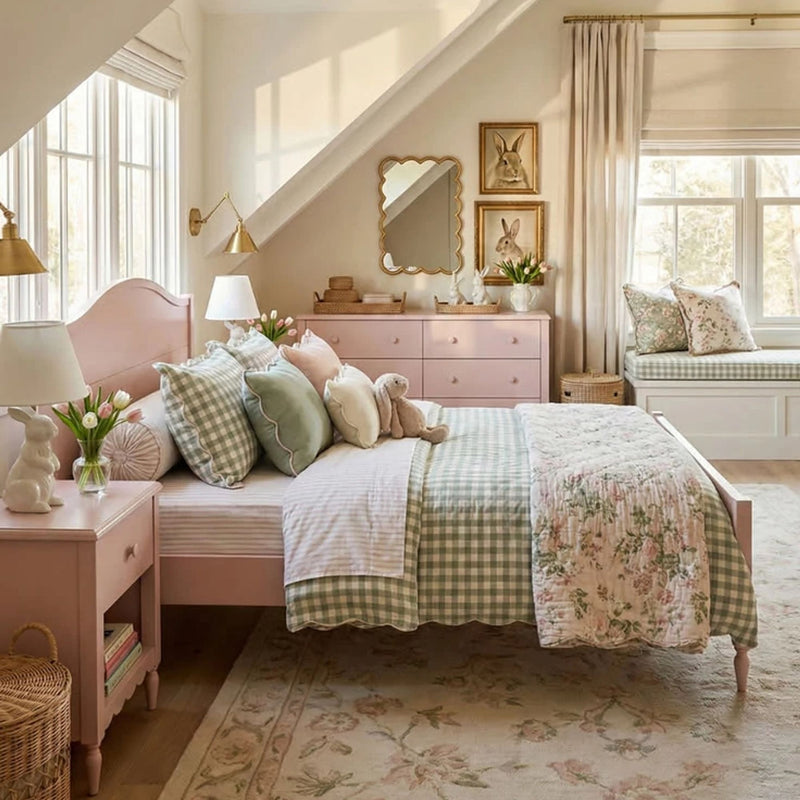 Sunlit pastel pink cottagecore bedroom with gingham bedding, floral quilt, plush throw pillows, window seat, rattan accents and bunny decor