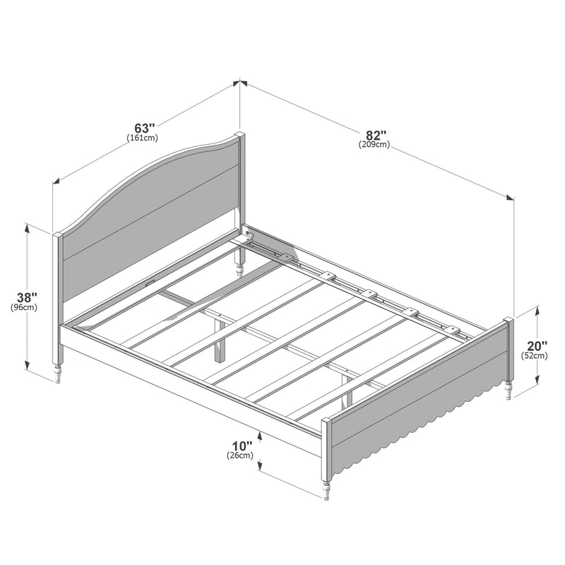 Queen bed frame dimensions diagram showing wooden headboard and scalloped footboard with slatted support and center legs — overall 82" (209 cm) L x 63" (161 cm) W, headboard 38" (96 cm) H, footboard 20" (52 cm) H, under-bed clearance 10" (26 cm)