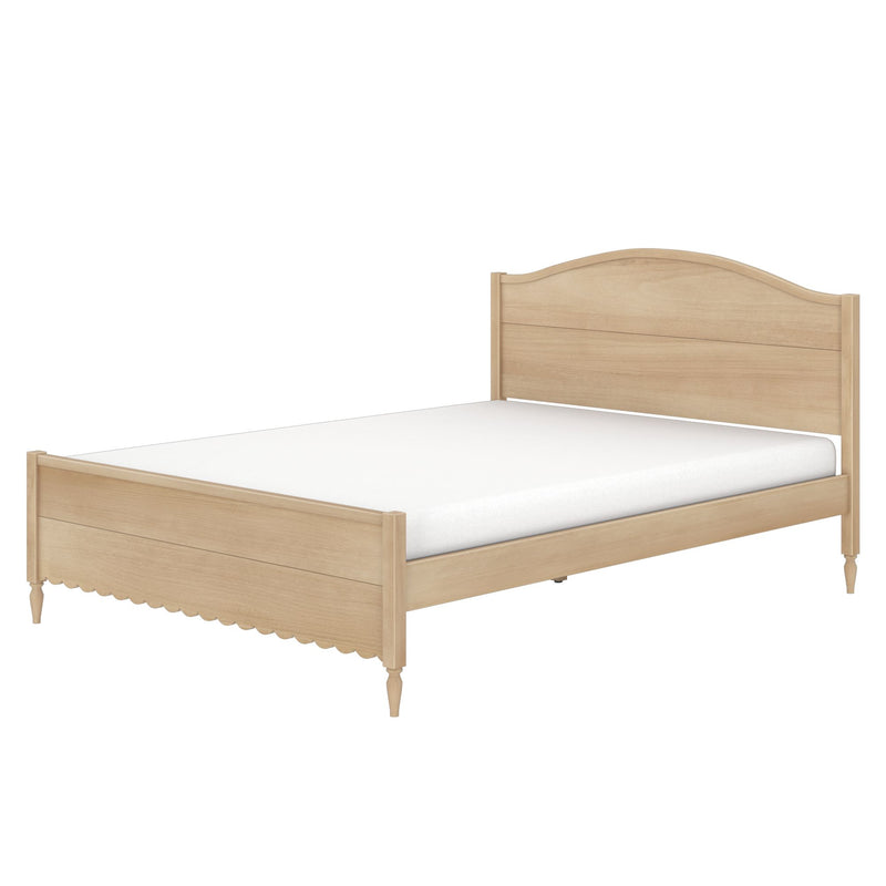 Wooden platform bed frame in light oak finish with arched headboard, scalloped footboard, turned legs and white mattress — farmhouse bedroom furniture