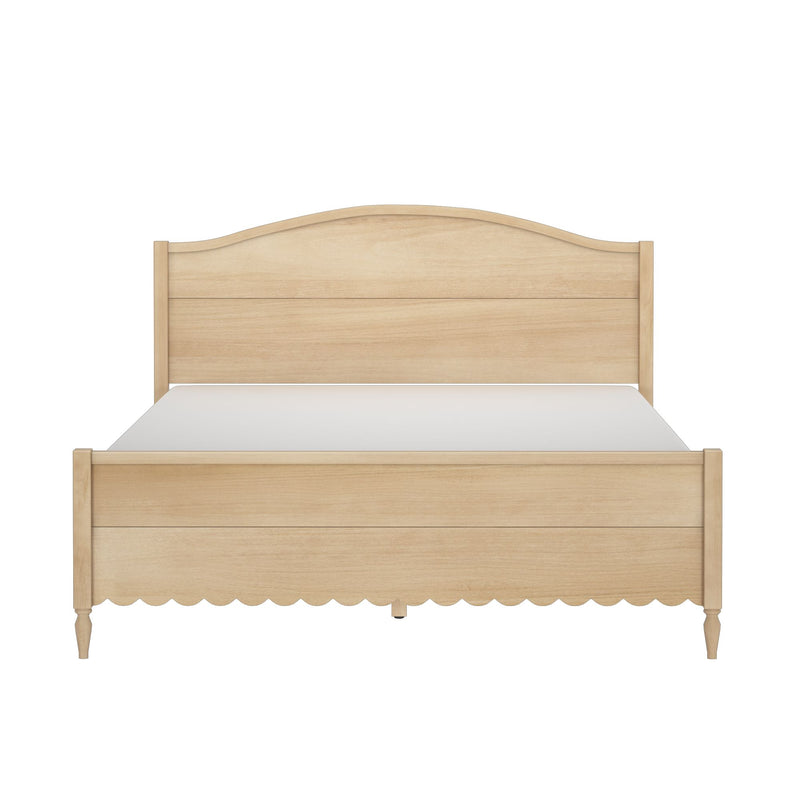 Natural light wood bed frame with arched headboard, scalloped footboard and turned legs, farmhouse-style bedroom furniture