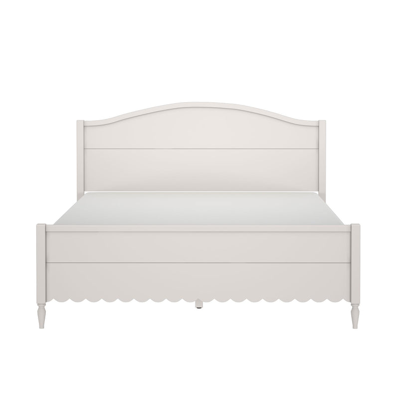 White wooden bed frame with arched headboard and scalloped footboard, farmhouse cottage-style platform bed with turned legs and smooth painted finish