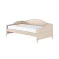 Beige wooden daybed with curved headboard, scalloped trim and turned legs, white mattress