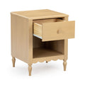 Light natural wood bedside nightstand with open top drawer, open cubby shelf, scalloped apron and turned legs