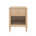 Natural light wood nightstand bedside table with single drawer and open shelf, scalloped apron and turned legs, farmhouse style