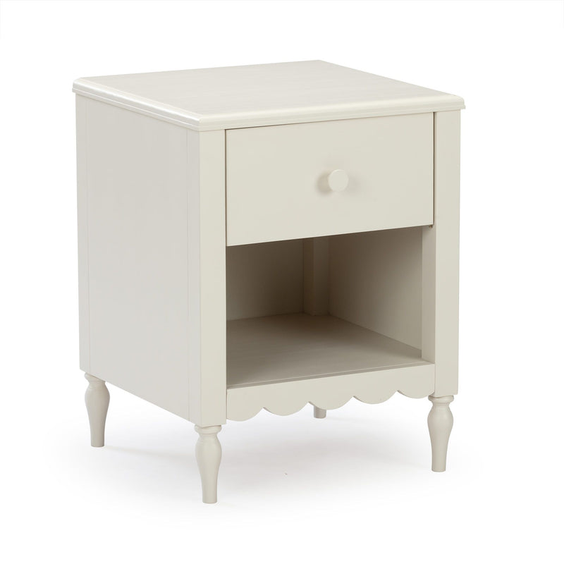 Cream white wooden bedside table nightstand with single drawer and open cubby shelf, turned legs and scalloped apron, farmhouse bedroom storage