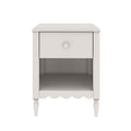 White wooden nightstand bedside table with one drawer and open lower shelf, scalloped apron and turned legs