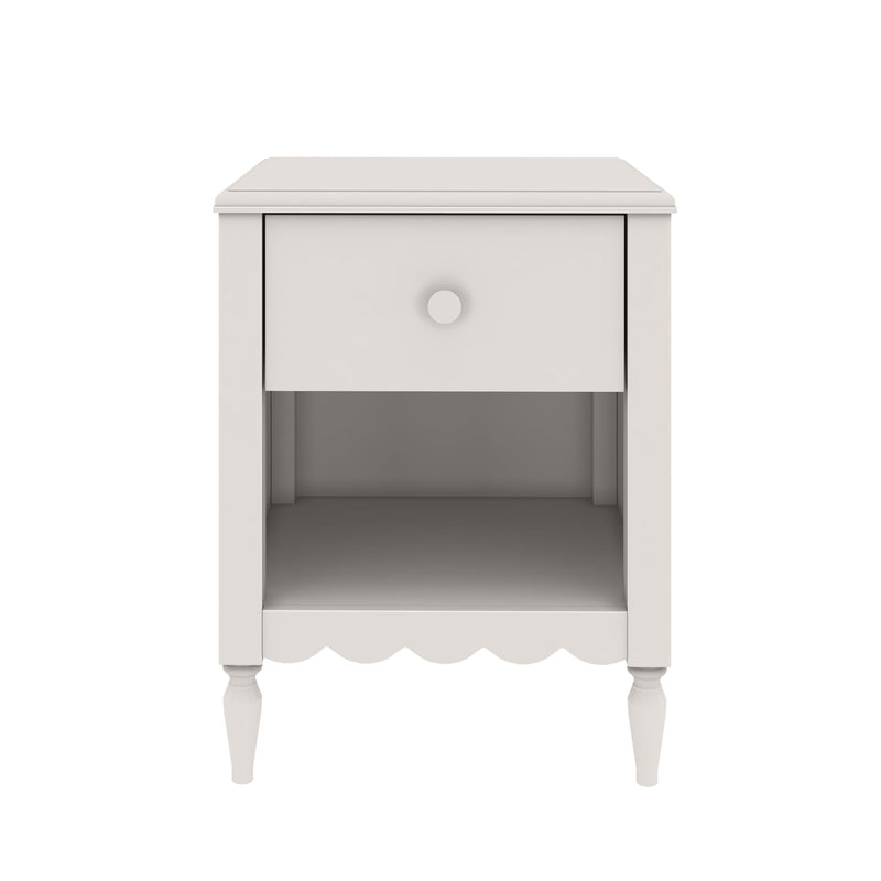 White wooden nightstand bedside table with one drawer and open lower shelf, scalloped apron and turned legs