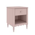 Pastel pink wooden bedside nightstand with single drawer, open lower shelf, scalloped apron and turned legs — shabby chic bedroom side table