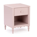 Pastel pink wooden nightstand bedside table with single drawer, open shelf, scalloped apron and turned legs