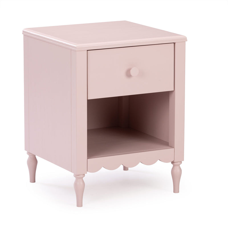 Pastel pink wooden nightstand bedside table with single drawer, open shelf, scalloped apron and turned legs