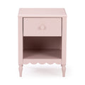 Pastel pink wooden bedside table nightstand with single drawer, open shelf, scalloped apron and turned legs