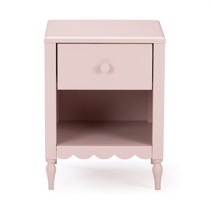 Pastel pink wooden bedside table nightstand with single drawer, open shelf, scalloped apron and turned legs