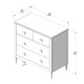 Bedroom dresser diagram — four-drawer storage chest with two small top drawers and two full-width lower drawers, turned legs and scalloped apron; dimensions 35 in x 18 in x 33 in (90 x 46 x 85 cm) with 5 in (13 cm) clearance