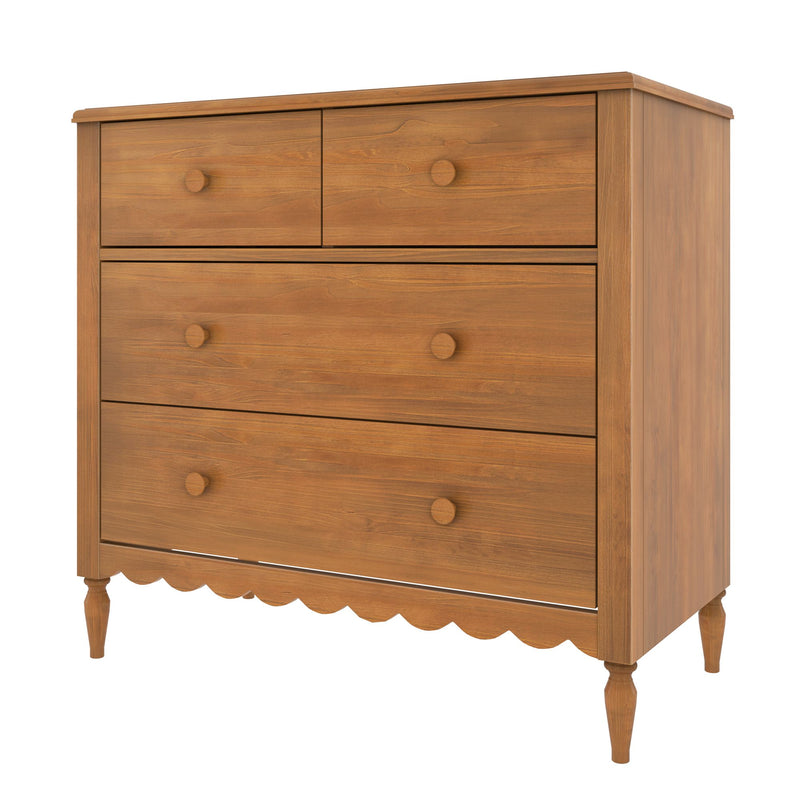 Four-drawer wooden dresser with two small top drawers and two large lower drawers, round wooden knobs, scalloped apron and turned legs, warm natural wood finish bedroom storage chest