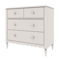 White wooden 4-drawer dresser with two small top drawers and two large lower drawers, scalloped apron, turned legs and round knobs, farmhouse nursery chest of drawers for bedroom storage