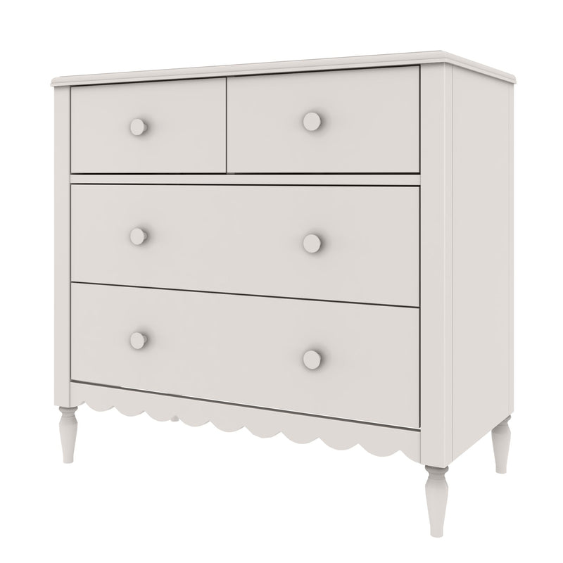 White wooden 4-drawer dresser with two small top drawers and two large lower drawers, scalloped apron, turned legs and round knobs, farmhouse nursery chest of drawers for bedroom storage