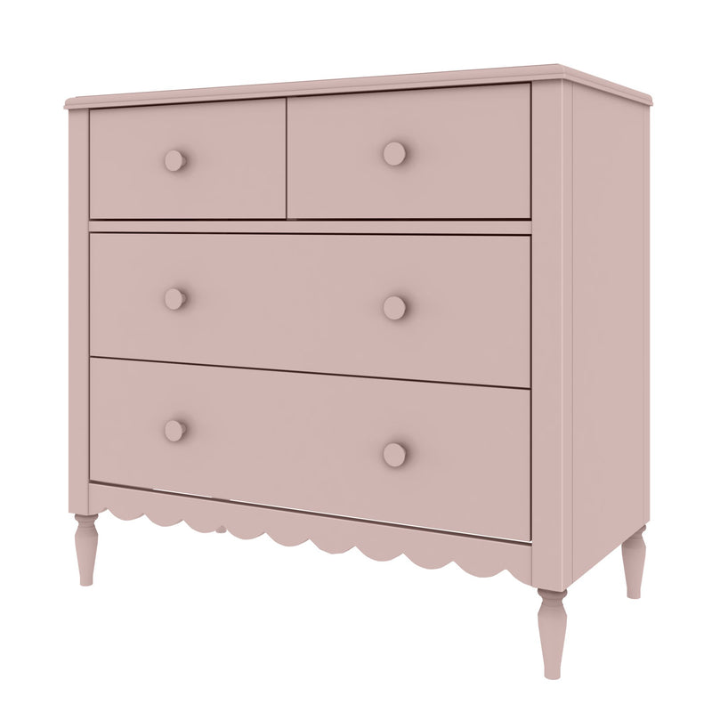 Pastel pink shabby-chic wooden dresser — vintage-style four-drawer chest of drawers with turned legs and scalloped apron, ideal nursery or kids bedroom furniture