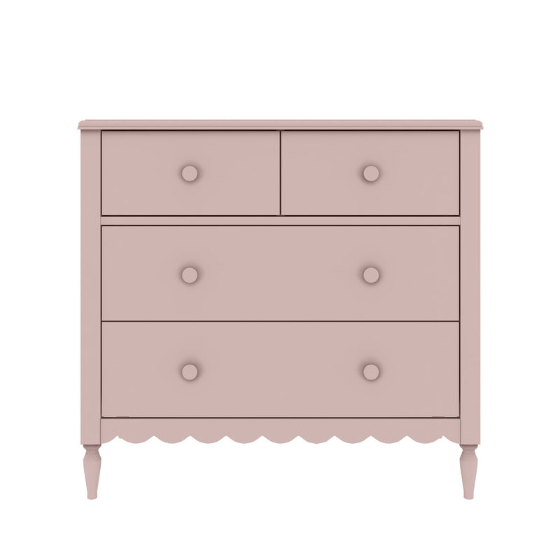 Blush pink vintage-style wooden dresser with two small top drawers and two large lower drawers, scalloped apron and turned legs, nursery chest of drawers on white background.