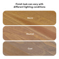 Three wood finish samples labeled Warm, Neutral, and Cool demonstrating how different lighting conditions change wood flooring color and tone
