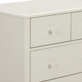 Close-up of white painted wooden dresser drawers with round knob and smooth beveled top edge, modern bedroom storage furniture