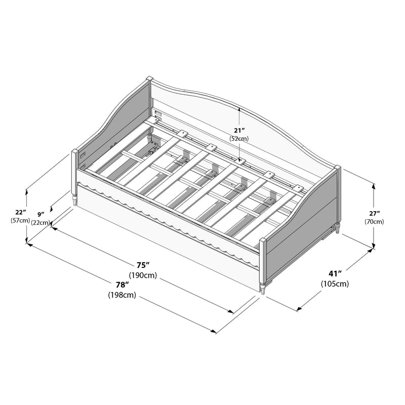 Isometric assembly diagram of white wooden bed frame with curved headboard and footboard, slatted mattress base and dimensions in inches and centimeters (75 in/190 cm, 78 in/198 cm, 41 in/105 cm, 27 in/70 cm, 21 in/52 cm, 22 in/57 cm)