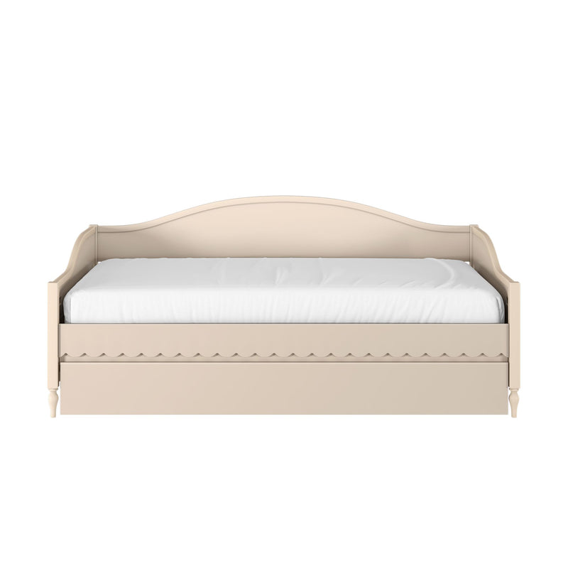 Beige wooden daybed with curved headboard, white mattress and under-bed storage drawer