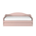 Pink painted wood twin daybed with curved headboard, scalloped trim and white mattress — girls' shabby chic kids bedroom bed frame