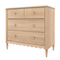 Natural light wood 4-drawer dresser with round knobs, scalloped apron and turned legs — bedroom storage piece for modern farmhouse or coastal decor