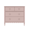 Pink wooden dresser chest of drawers with two small top drawers and two large lower drawers, round knobs, turned legs and scalloped apron on white background