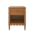 Warm walnut-finish wooden nightstand bedside table with single drawer and round knob, open storage shelf, turned legs and scalloped apron detailing