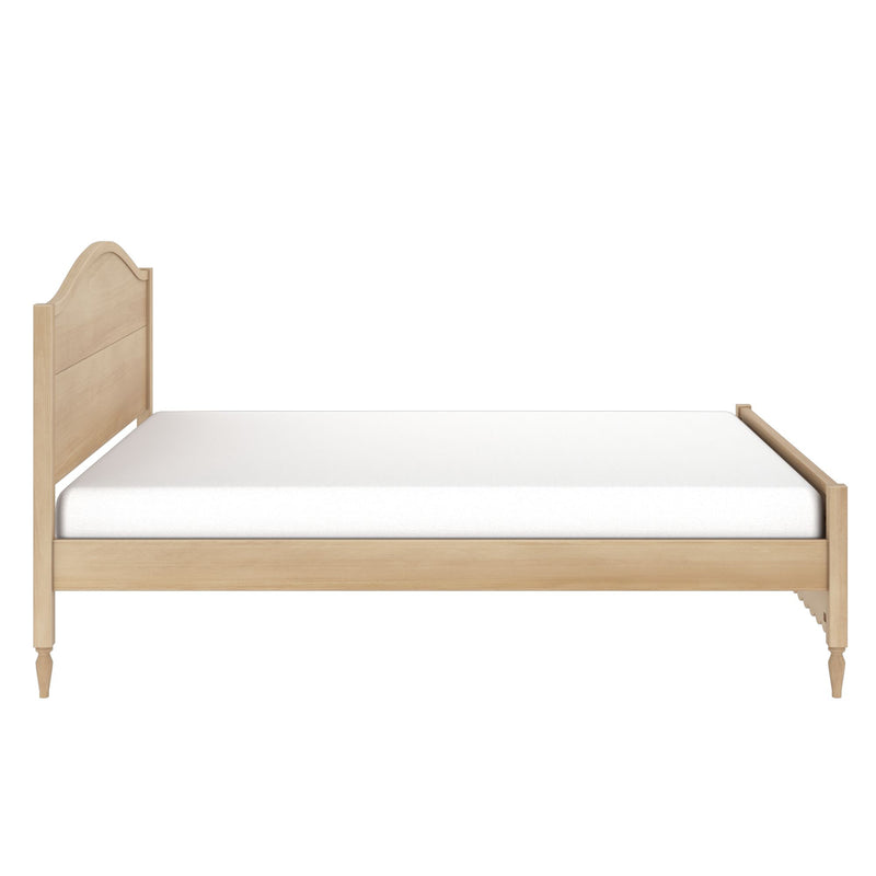 Light oak wooden bed frame with arched headboard, turned legs and white mattress — minimalist Scandinavian-style single/twin bed