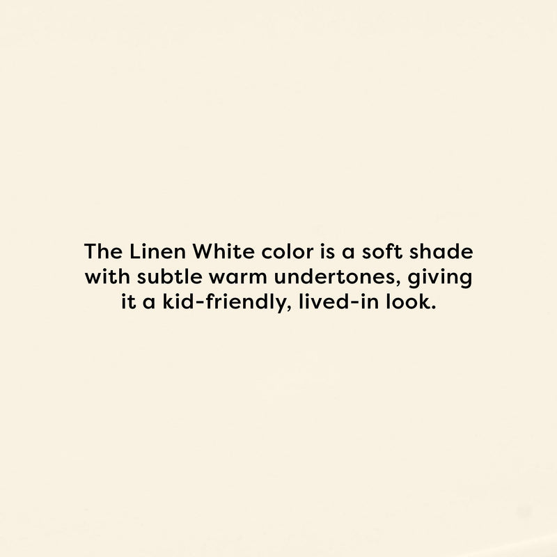 Linen White paint swatch on a textured cream background with bold headline describing a soft beige shade with subtle warm undertones ideal for kid-friendly, lived-in interior design
