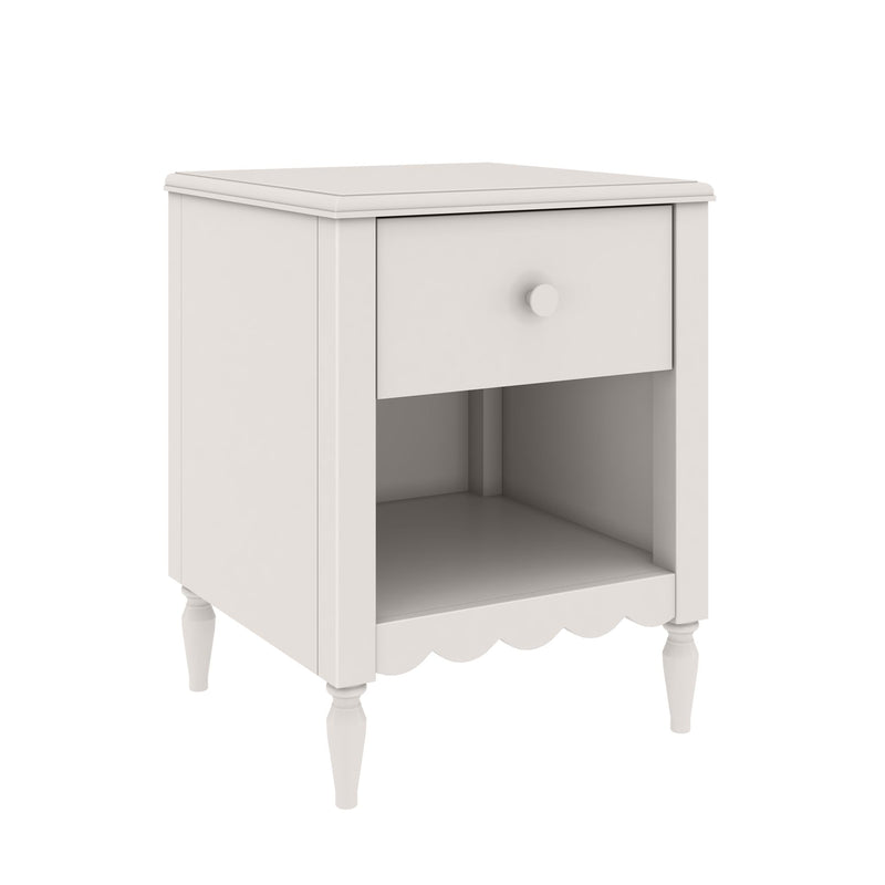 White wooden bedside nightstand with single drawer and open cubby shelf, turned legs, farmhouse bedroom furniture