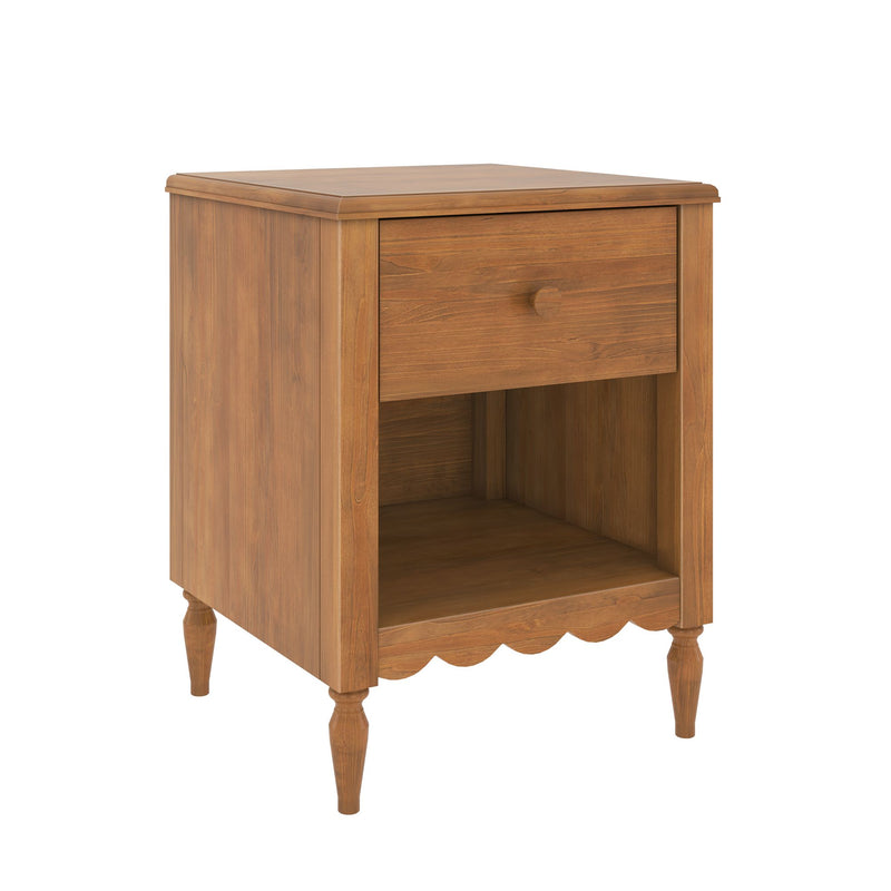 Wooden nightstand bedside table with one drawer, open shelf, turned legs and scalloped apron in warm oak finish