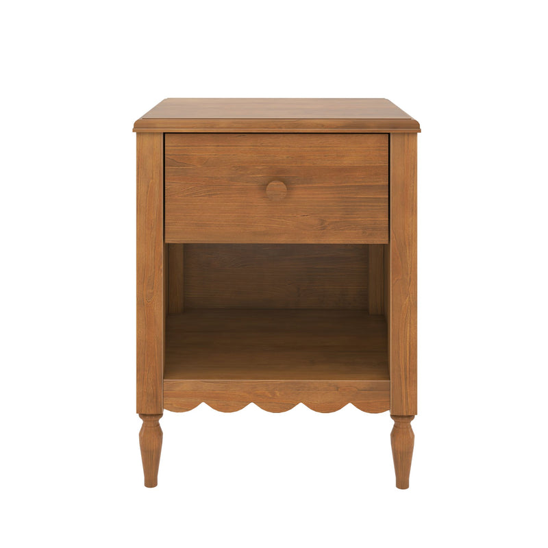 Rustic walnut-finish wooden bedside table nightstand with single drawer, open shelf, scalloped apron and turned legs
