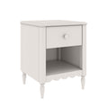 White wooden bedside table nightstand with single drawer, open cubby shelf and turned legs, classic bedroom storage