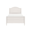 White farmhouse wooden bed frame with arched headboard, scalloped footboard skirt and turned legs, minimalist bedroom furniture