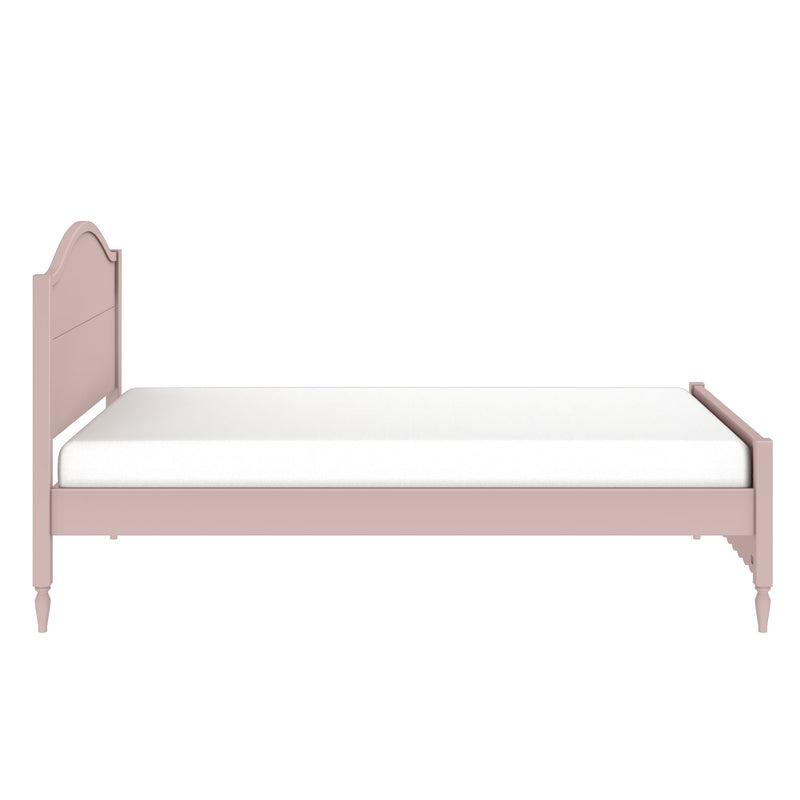 Pink solid-wood twin bed frame with scalloped headboard, turned legs and white mattress — children's bedroom furniture