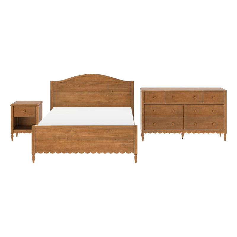 Wooden bedroom furniture set: bed frame with arched headboard, matching dresser and nightstand in warm natural wood finish