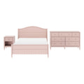 Pink bedroom furniture set with scalloped wooden bed headboard, matching nightstand and six-drawer dresser in shabby chic style on white background