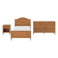Solid wood twin bedroom set with curved headboard, matching nightstand and six-drawer dresser in warm honey finish