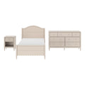 Beige painted wood bedroom furniture set: twin bed with arched headboard, matching nightstand and six-drawer dresser.