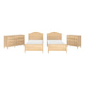 Light wood twin bed set with two matching dressers, natural maple finish twin beds with arched headboards and coordinating wooden dressers for children's or guest bedrooms