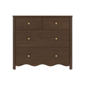 Dark brown wooden 4-drawer dresser with round brass knobs and scalloped base, bedroom storage chest on white background