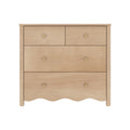 Light natural wood 4-drawer dresser with brass knobs and scalloped bottom edge — nursery or bedroom chest for modern farmhouse decor