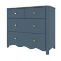 Navy blue wooden 4-drawer dresser with brass knobs and scalloped skirt, bedroom storage chest for nursery or modern farmhouse decor